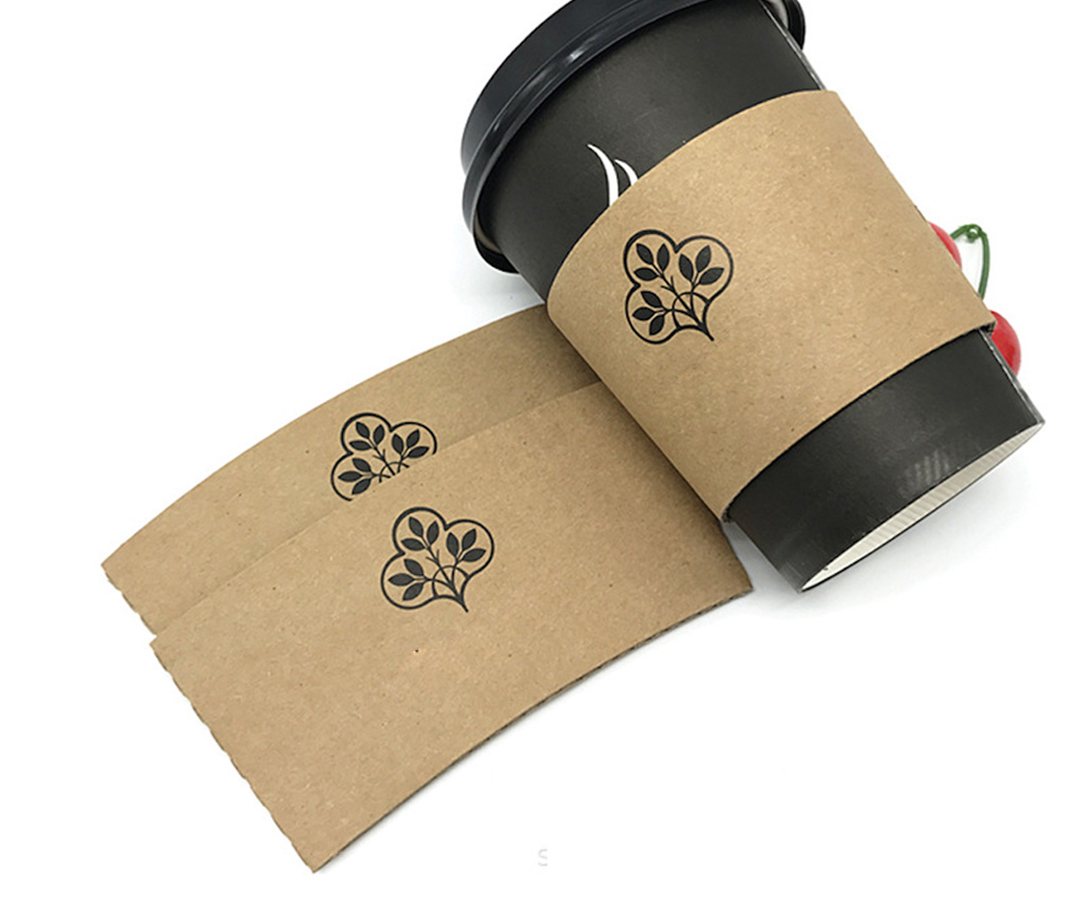 Kraft coffee sleeves carrying a single-color logo mark